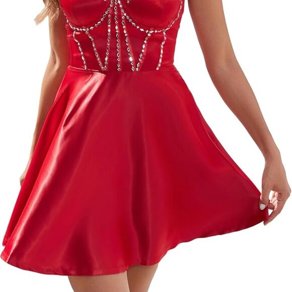 Women's Red Dress Satin Spaghetti Straps w/ Rhinestones, size small - Picture 2 of 4